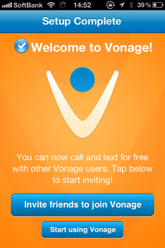 Vonage Mobileの利用開始画面